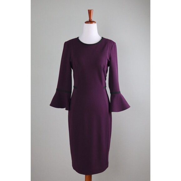 Calvin Klein Dark Purple Bell Sleeve Stretch Crepe Sheath Dress Size 12 Classic - Picture 2 of 8
